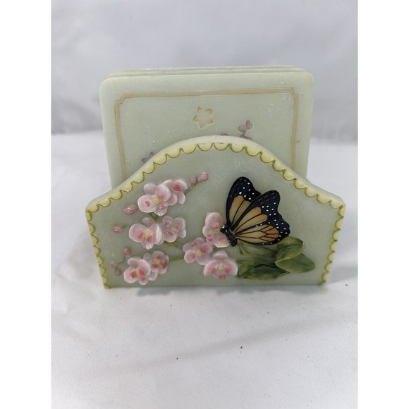 Set Of 4 Stone Hand Painted Coasters W Holder‎ 3D Butterfly & Flowers Sculpture - Picture 11 of 13